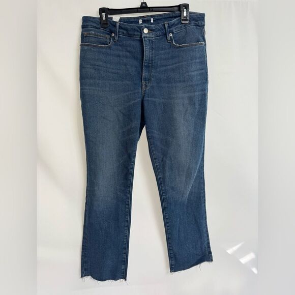 Good American Good Legs Raw Hem Straight Jeans Blue Denim Estimated Size 14/32 - Picture 3 of 8